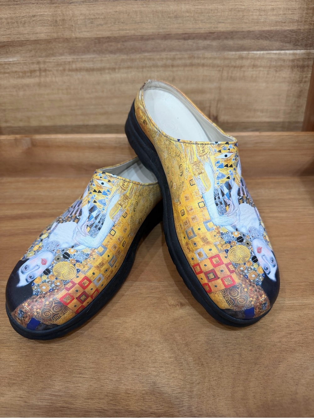 ICON Gustav Klimt Woman in Gold Patterned Slip-On Mules with Multicolor Accents